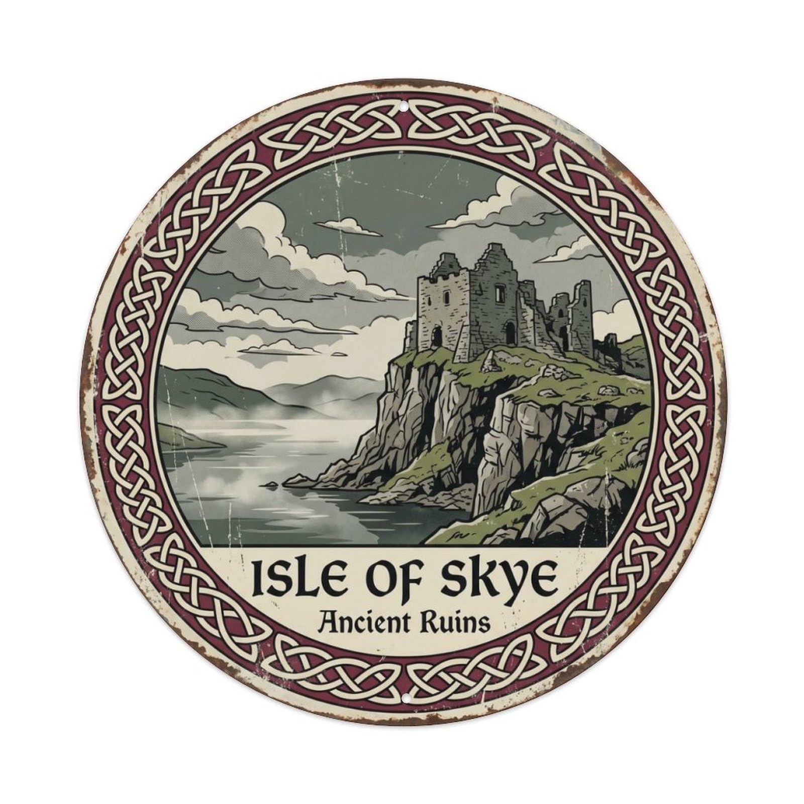Vintage Travel Skye Fortress Scotland Metal Tin Sign Plaque Wall Decor for Cafe, Club, Garden Round Metal Poster 8x8Inch