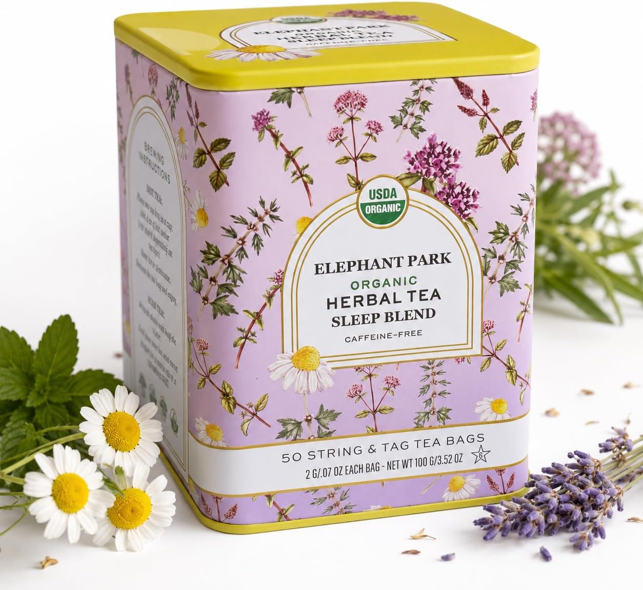 Organic Sleep Blend Herbal Tea - 50 Packets - Natural Chamomile, Peppermint, Fennel And Tulsi Teabags - USDA Certified 100% Non-GMO - Decaffeinated Designer Gift Tin