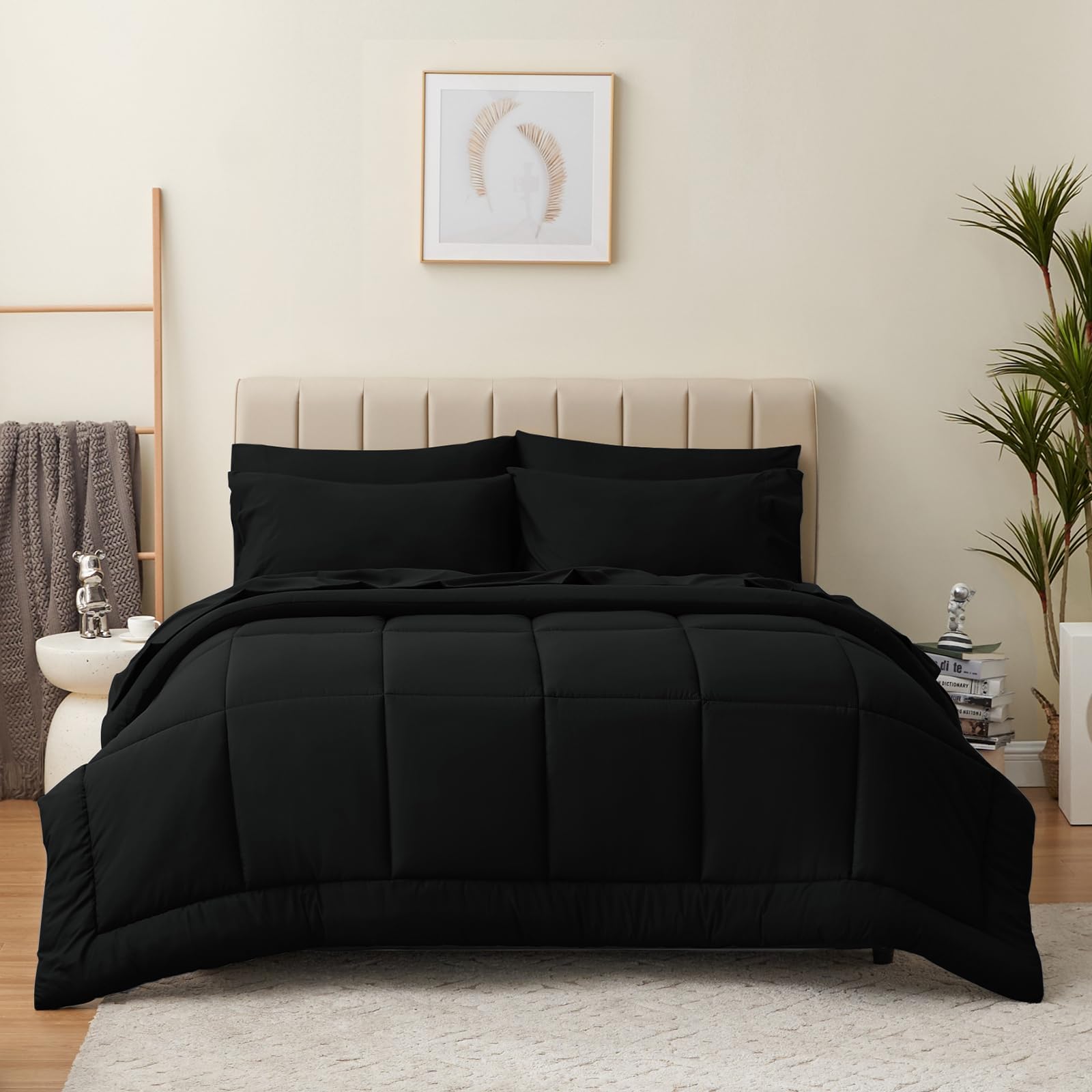 CozyLux Full Size Comforter Sets Black, 7 Pieces Bed in a Bag, Black Comforter Full Size, All Season Bedding Sets with Stitch Quilted Comforter, Flat Sheet, Fitted Sheet, Pillowcases