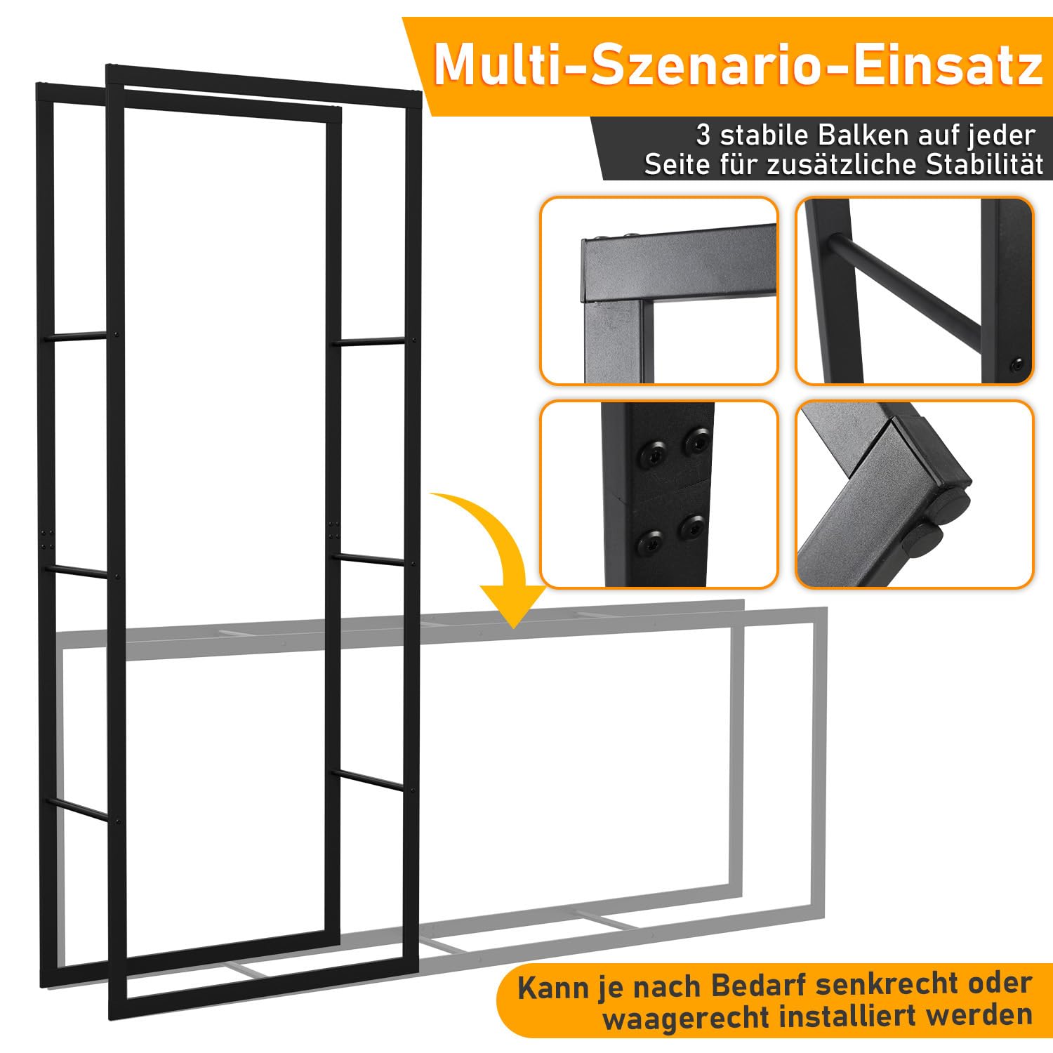 Sonnewelt Kaminholzregal für Innen und Aussen, 60x25x150CM Metall Brennholzregal Kaminholzständer, Holzstapelhilfe Holzlager, Schwarz Brennholz Stapelhilfe