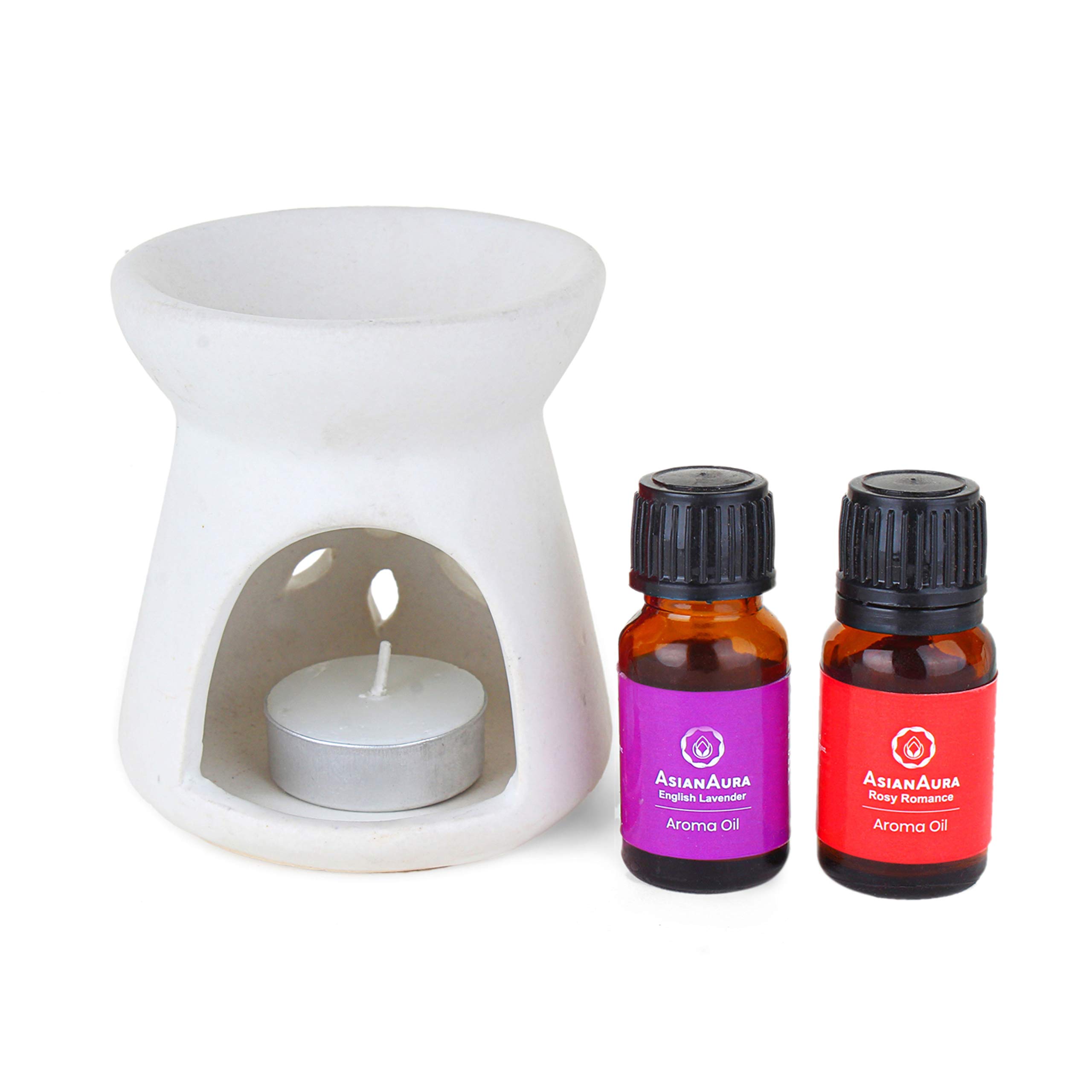 Asian Aura Candle Diffuser Oil Burner| Tea Light Candle Diffuser | 2 10 ml Aroma Oil Fragrance Rosy Romance & English Lavender 1 Tea Light Candle| for Home/Office/Spa Fragrance| White Diffuser