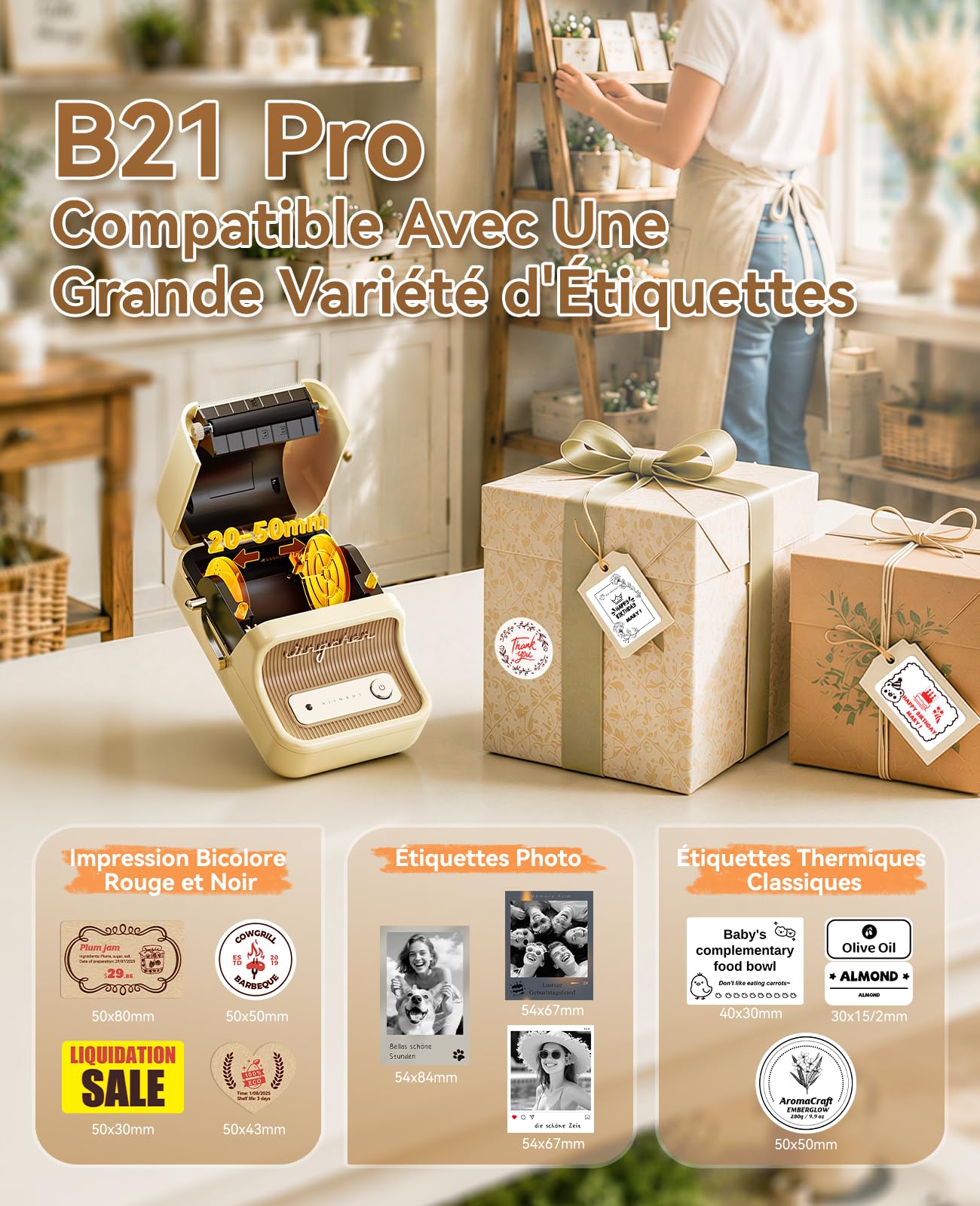 NIIMBOT B21 Pro Pack Économique 3 Rouleaux d’Étiquettes, 300 DPI, Blanc