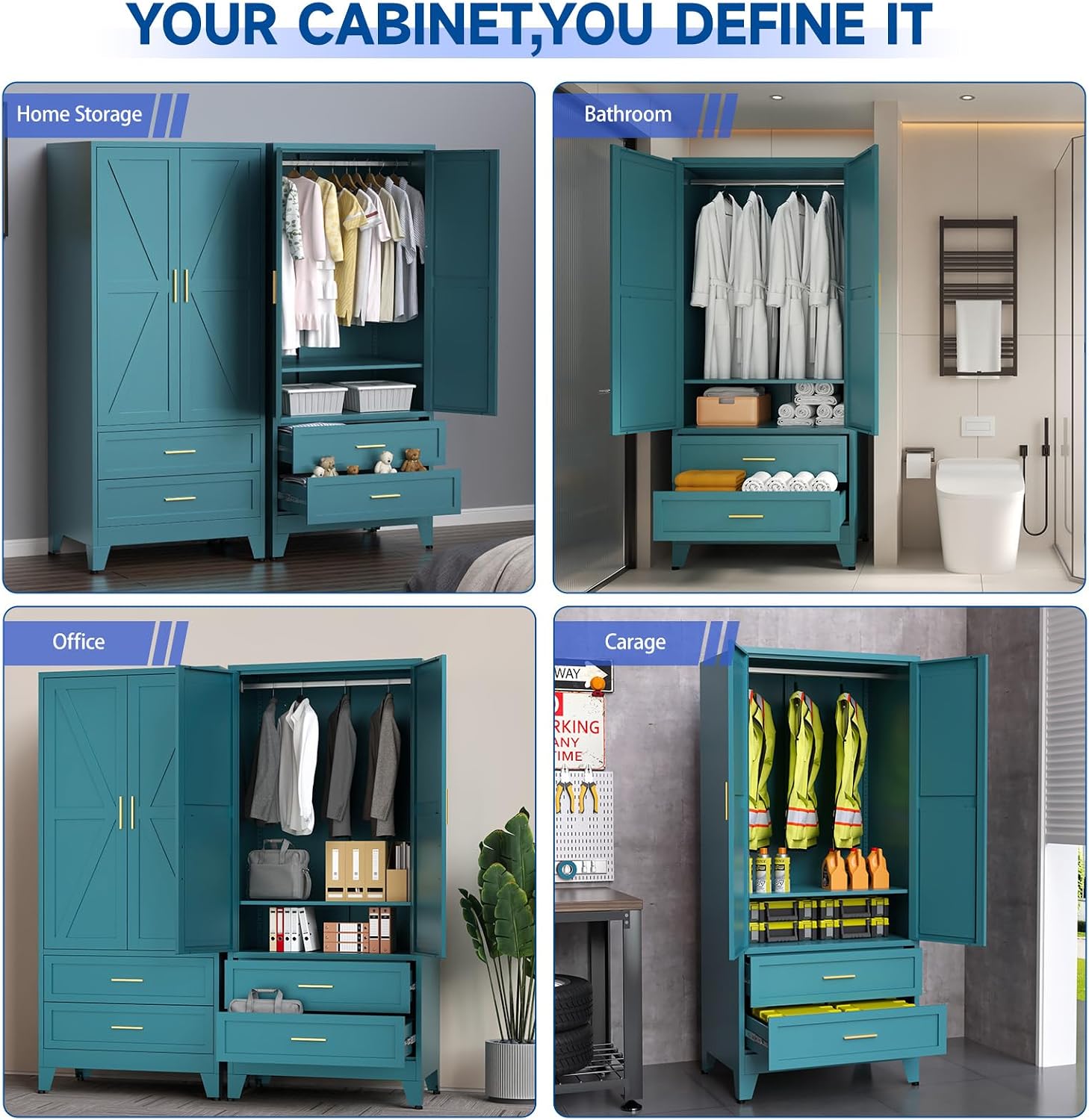Steel Armoire Wardrobe Closet, 71" Metal Clothing Storage Cabinets with 2 Doors, 2 Drawers and 1 Adjustable Shelf, Blue Wardrobe Cabinet with Hanging Rod for Bedroom, Gym