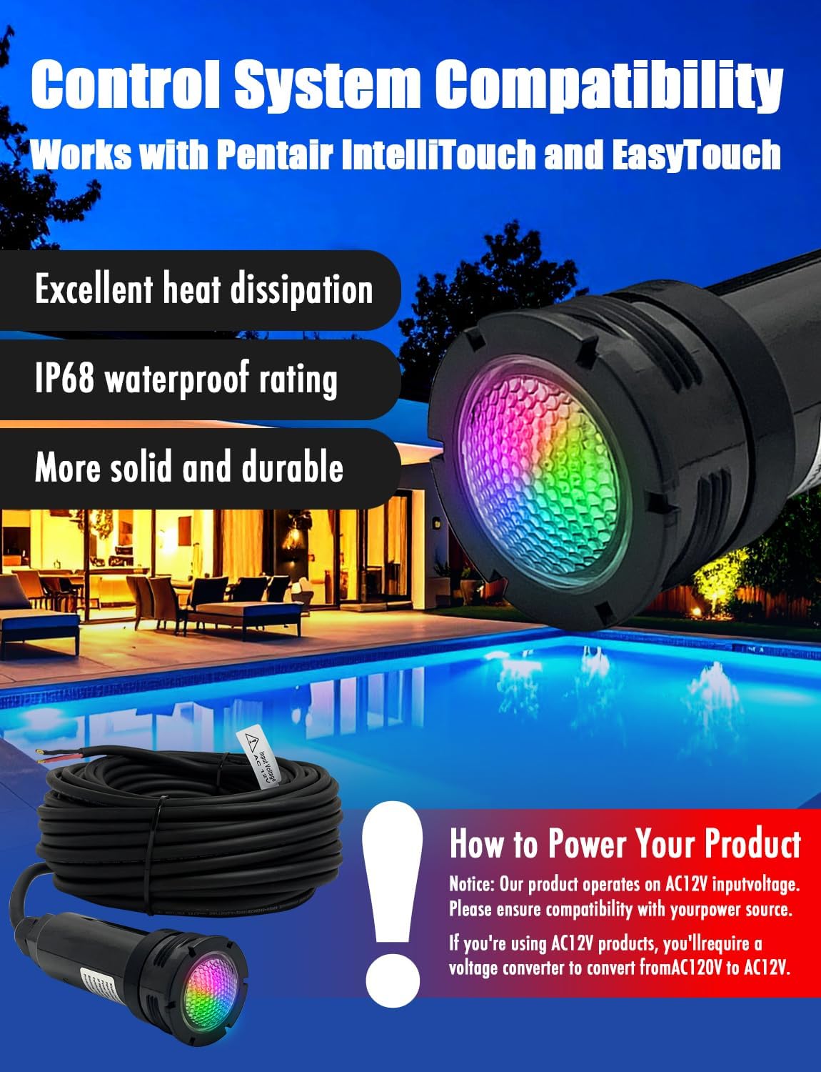 Direct Replacement for Jandy Nicheless Pool Light, 1.5 Inch LED RGBW Color Pool Light for Watercolors Nicheless, AC12V Underwater Swimming Pool Light Fixture with 100ft Cord IP68 Waterproof