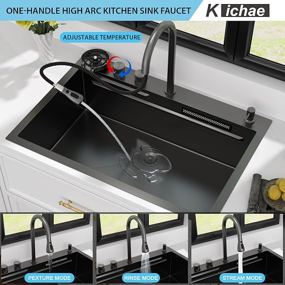 Kichae 33 Black Kitchen Sink Smart Drop In Waterfall Stainless Steel