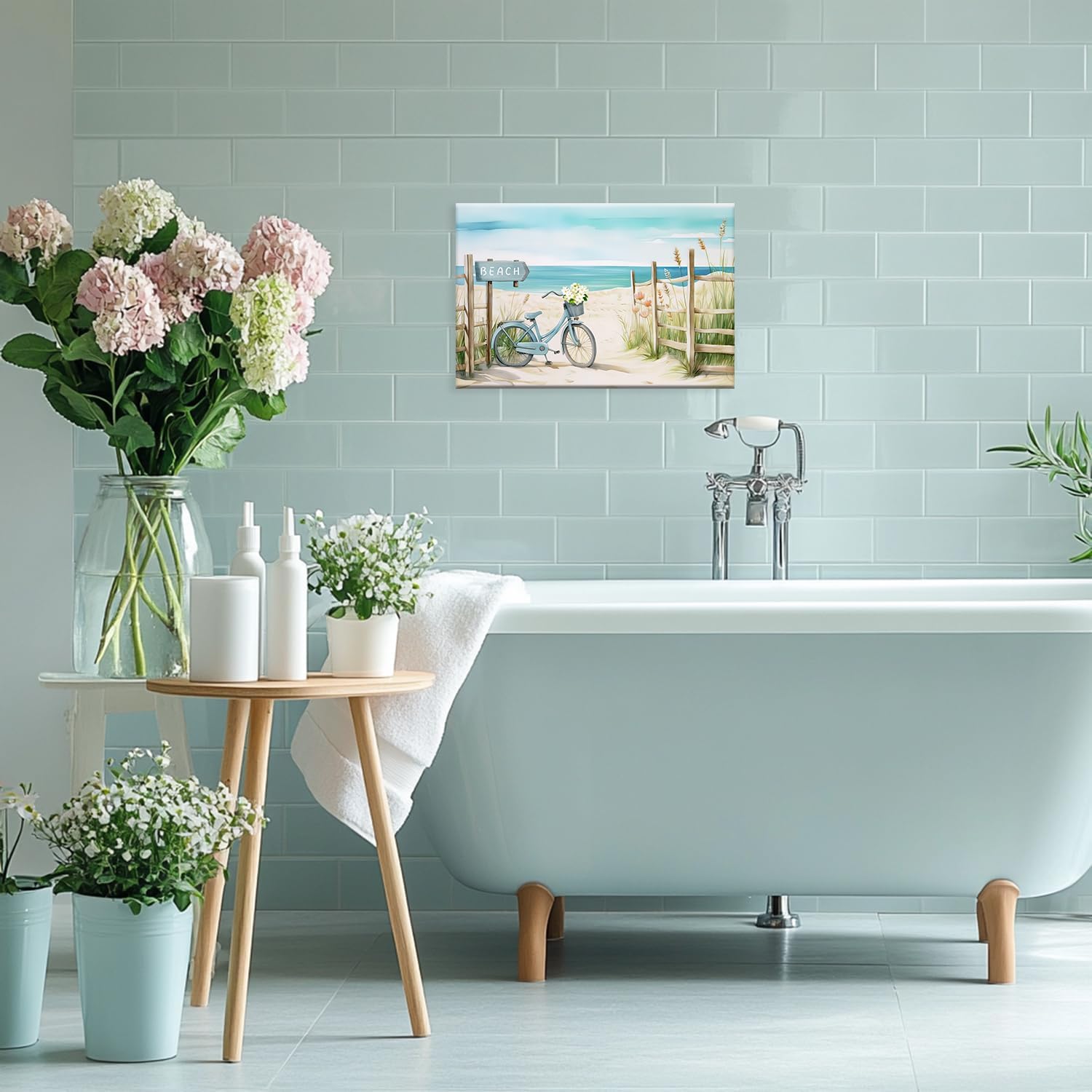 MODOJOART Beach Canvas Wall Art, Sea Bicycle with Flowers Painting Print Relaxing Coastal Seascape Poster Picture for Living Room Bedroom Decor(Artwork-01, 18"x12")