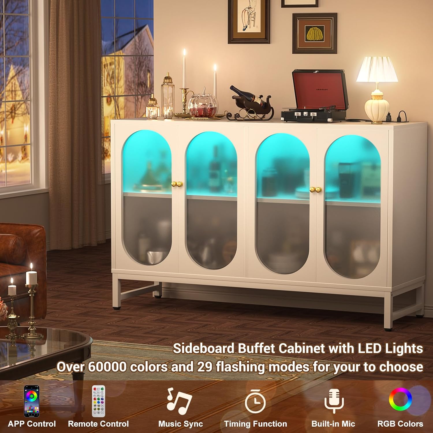 Aheaplus Sideboard Buffet Cabinet with Power Outlet, Kitchen Sideboard Storage Cabinet with LED Light, 4 Doors, Modern Accent Cabinet Coffee Bar Cabinet Console Table for Kitchen Dining Room, White