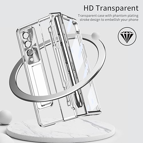 Miniatura 4 de Funda transparente para Samsung Galaxy Z Fold 4 con soporte para bolígrafo S y bolígrafo, diseño de una pieza con protector de bisagra Protector de