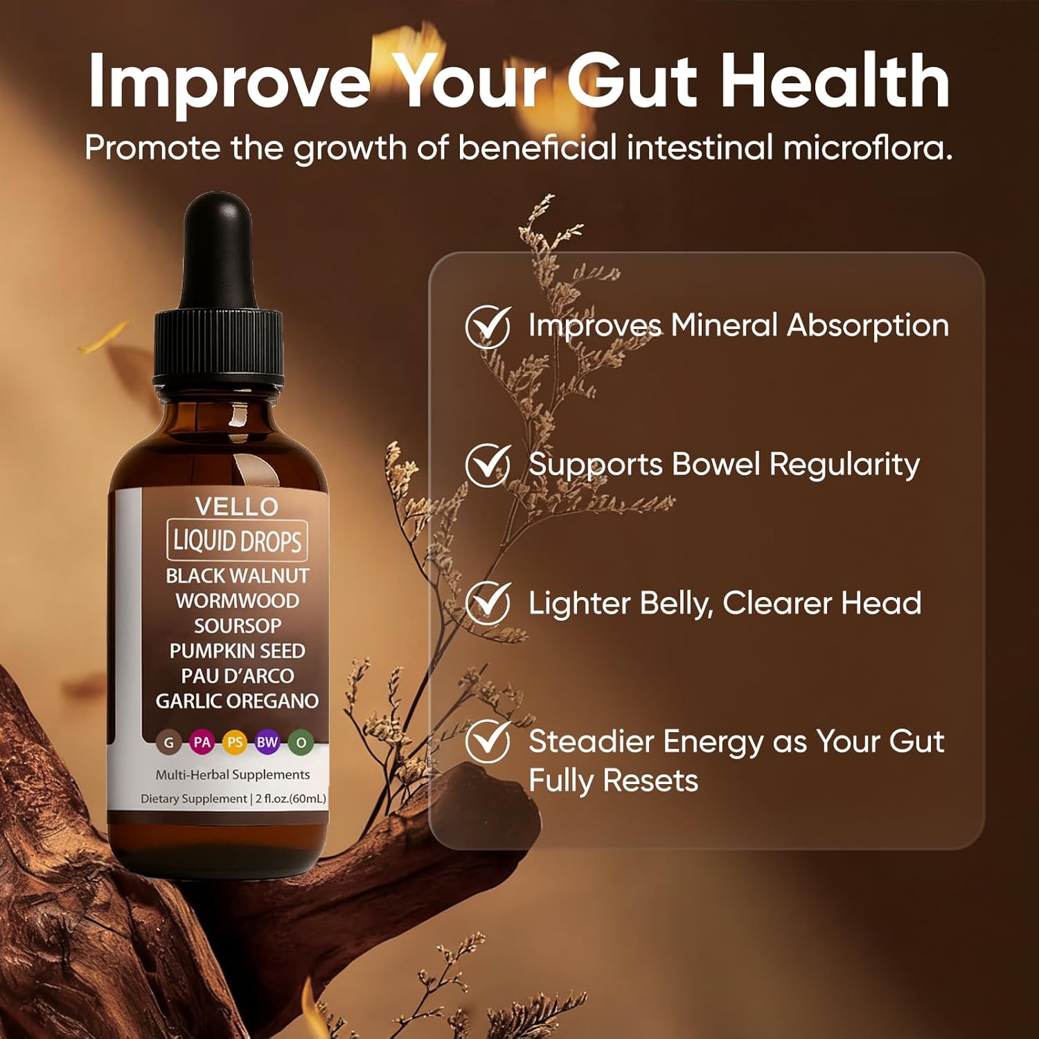 Vello Black Walnut Wormwood Gut Cleanse, Wormwood Black Walnut Clove Drops with Garlic Oregano, Soursop, Pau D'arco, Pumpkin Seed Extracts, Support Gut & Digestion Balance, Improve Energy (2)