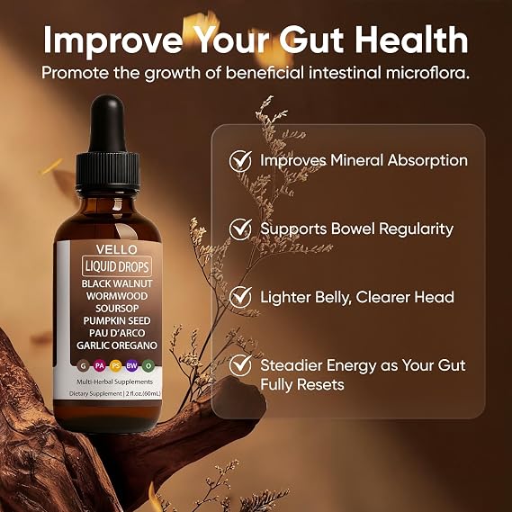 Vello Black Walnut Wormwood Gut Cleanse, Wormwood Black Walnut Clove Drops with Garlic Oregano, Soursop, Pau D'arco, Pumpkin Seed Extracts, Support Gut & Digestion Balance, Improve Energy (2)