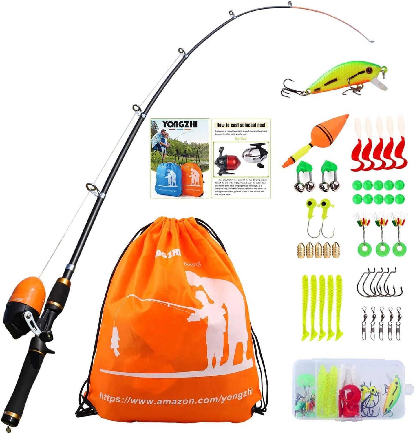 YONGZHIKids Fishing Pole,Portable Telescopic Fishing Rod and Reel Combo,with Spincast Fishing Reel Tackle Bag Lures for Youth,Girls and Boys Traveling Kid Fishing Rod