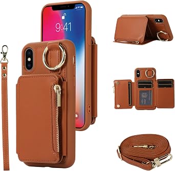 Wallet Case for iPhone Xs X 10 10s with Wrist and Shoulder Strap Card Holder Ring Flip Zipper 6+ Slots RFID Blocking Phone Cover for iPhoneX iPhoneXs iPhone10 i PhoneX SX 10x 10xs X Brown