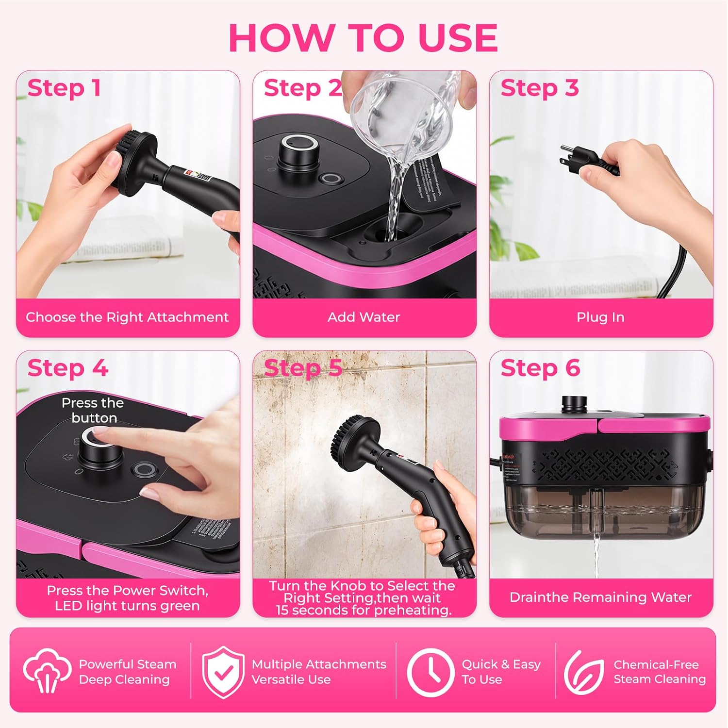 Pink Portable Steam Cleaner, Lightweight Handheld Design for home Cleaning