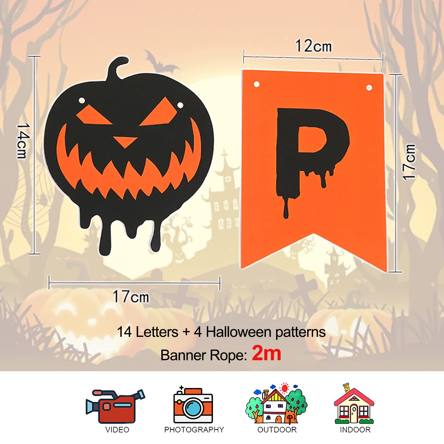 MiniRed Happy Halloween Banner - 14 Piece Pumpkin Bunting, Party Decorations