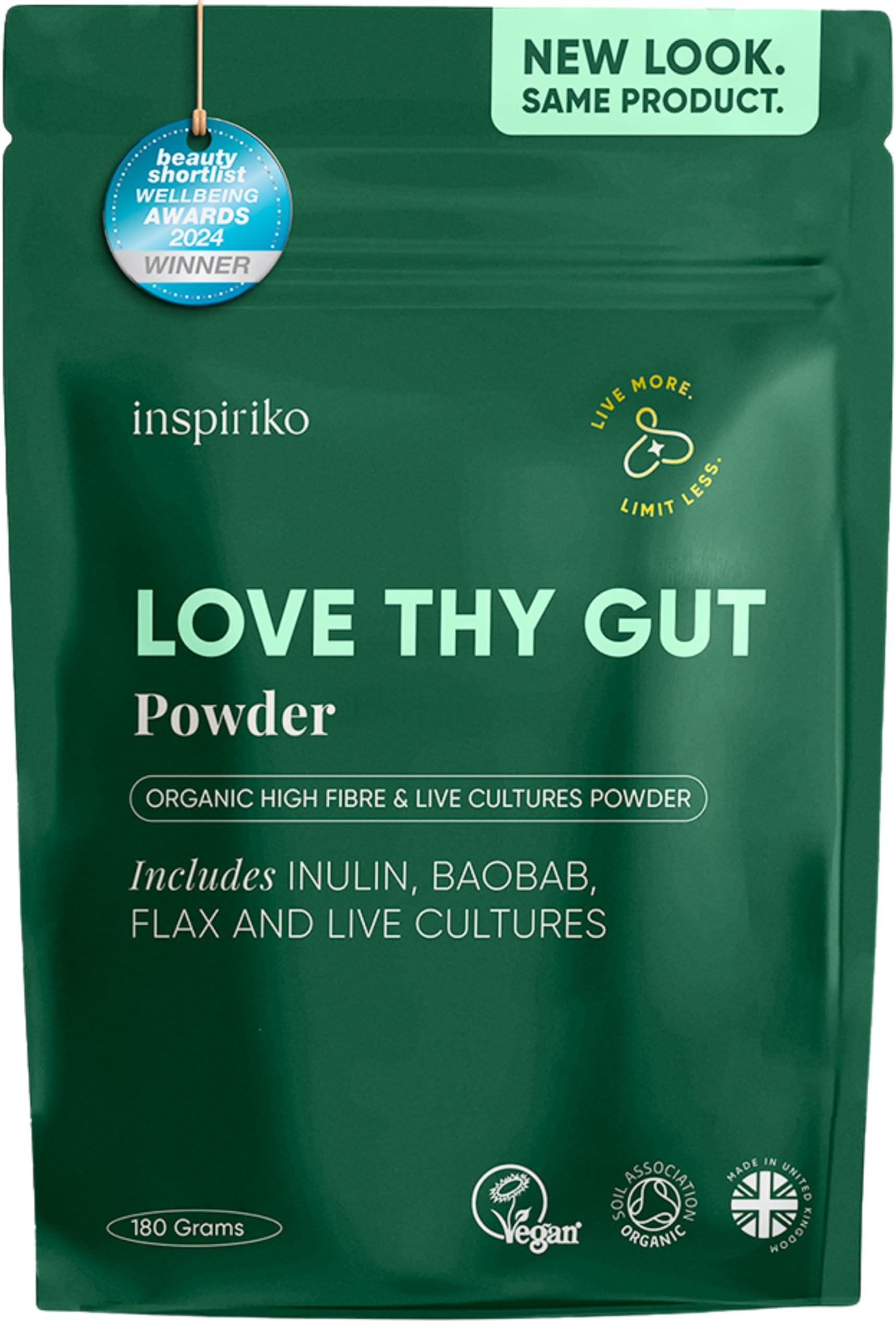 Inspiriko Organic Prebiotics for Gut Health - Award-Winning 10-in-1 Gut Health Powder with Superfoods, Inulin, Probiotics and Prebiotics. No Added Sugar, Made in UK, 180 Grams