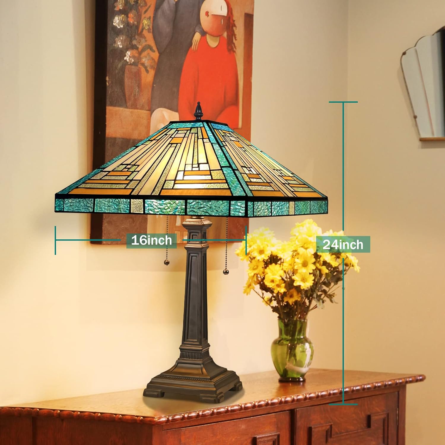 Capulina Tiffany Lamp Stained Glass Table Lamp 2-Light 16X16X24 Inches Amber Green Mission Tiffany Style Desk Lamp Decor for Bedrooms Living Room Study Home Office