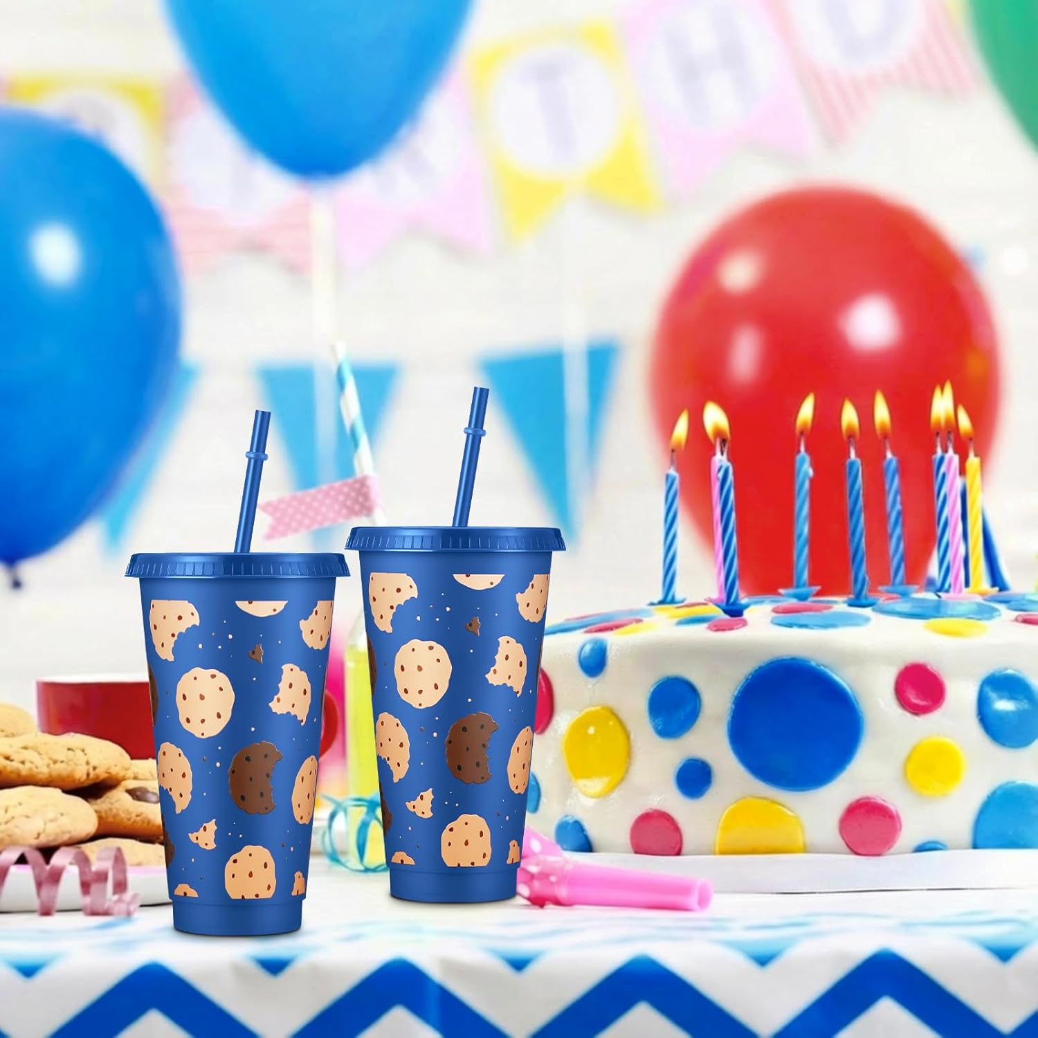 Jingmore 15 Pcs Monster Party Supplies 24oz Plastic Tumblers with Lid and Straws Reusable Cookies Themed Party Cups for Girl Boy Birthday Baby Shower Decorations