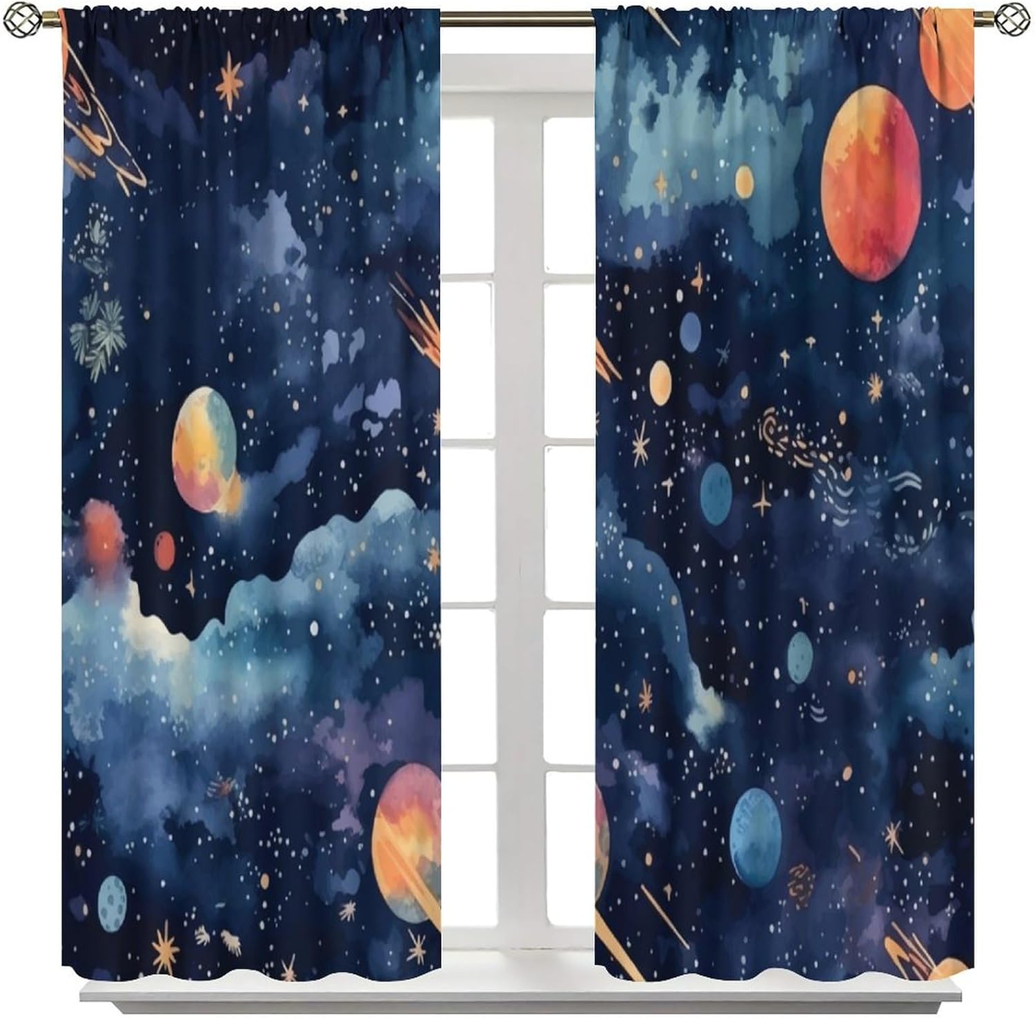 Galaxy Planet Blackout Curtains Cartoon Universe Nebula Sky Watercolor Blending Decor for Kids Boys Living Room Bedroom Darkening Rod Pocket Window Drapes 55" W X 63" L