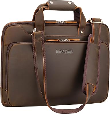 Masa Kawa Slim Leather 16" Laptop Briefcase Bag for Men, Vintage Brown