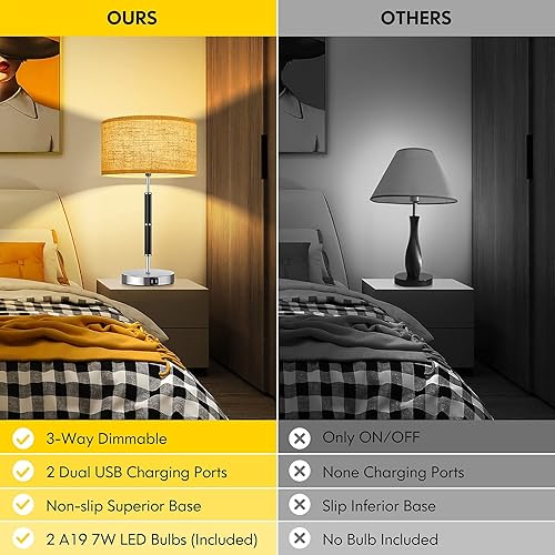 Miniatura 2 de Juego de 2 lámparas de mesa altas lámparas dobles USB táctiles regulables lámpara de noche de 3 vías de 23 pulgadas con tonos de lino beige lámparas