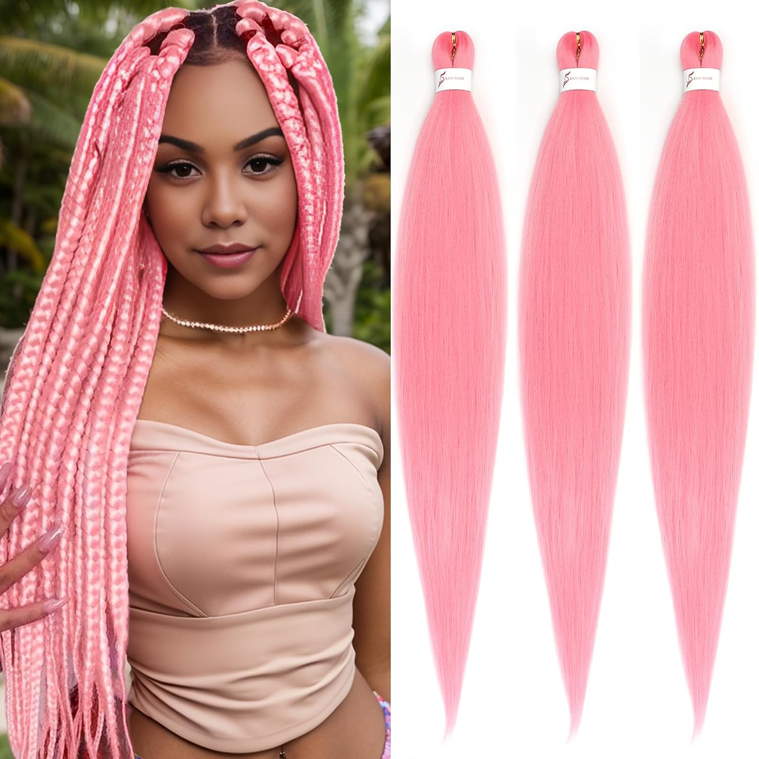 30 Inch Pink 3Pack Pre-Stretched Yaki Synth Braiding Hair Extensions | Pink Synthetic Hair Extensions Yaki Texture Itch-Free Tangle-Free For Box Braids Hot Water Setting Lightweight Easy Braid