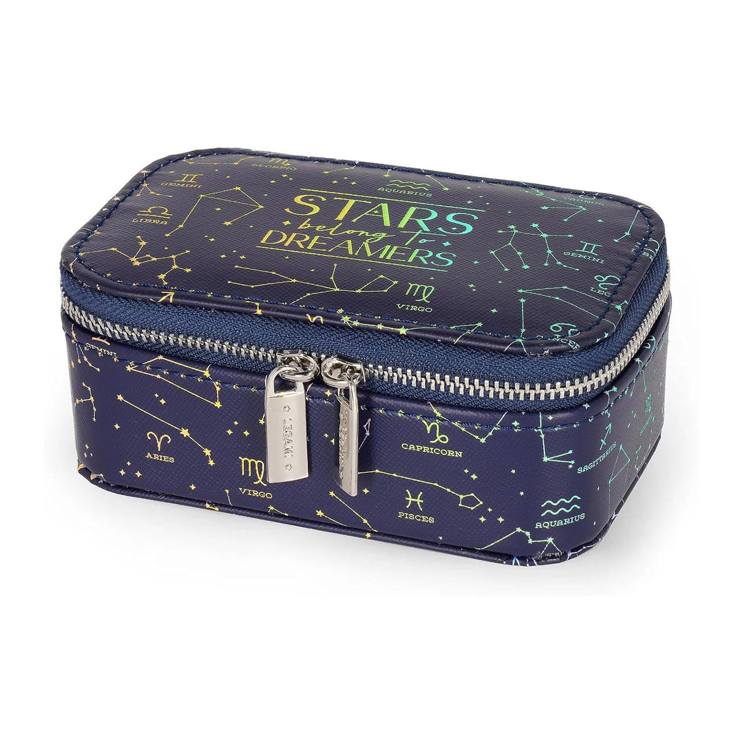 Legami - Bling Queen Jewellery Box, Stars Theme, Mini Size, Zip Closure, 3 Compartments, Interior Lined with Soft Velvet, 13 x 5.5 x 9 cm