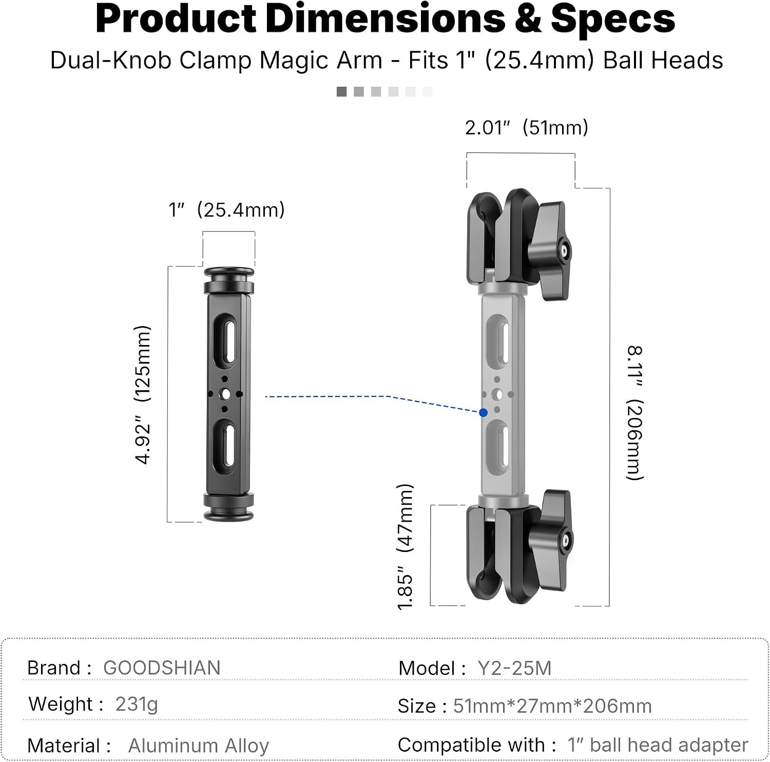 Dual Socket Extension Arm, 1 Inch Ball Mount Adapter Double Clamp Magic Arm, Aluminum Alloy Adjustable Camera Mounting Bracket Compatible with RAM Mount 1" Ball Head for Action Camera