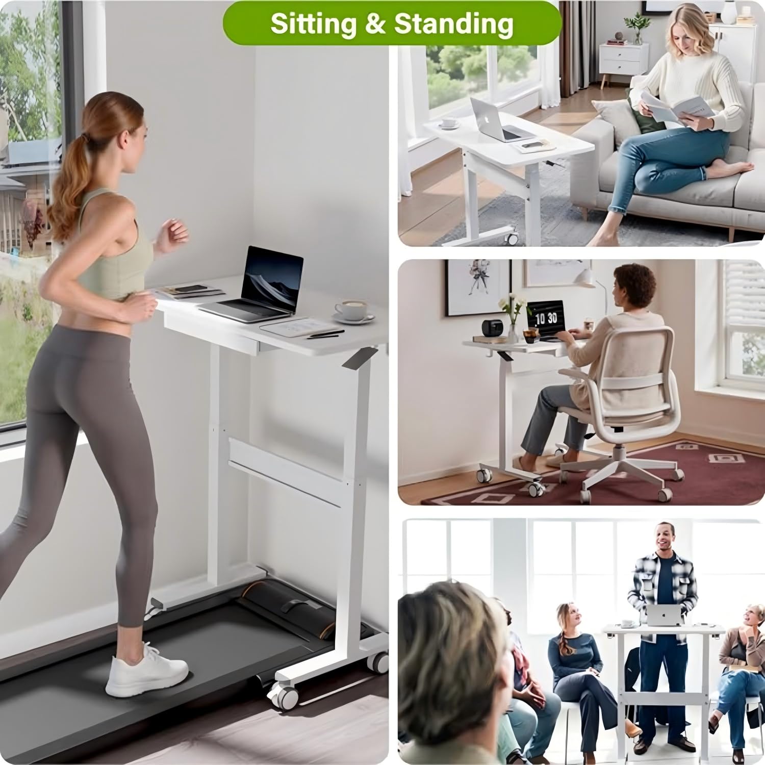 Bureau Debout réglable en Hauteur - Table de Travail Mobile avec roulettes et système pneumatique - Position Assise ou Debout - Bureau Domicile pour Ordinateur Portable - Blanc