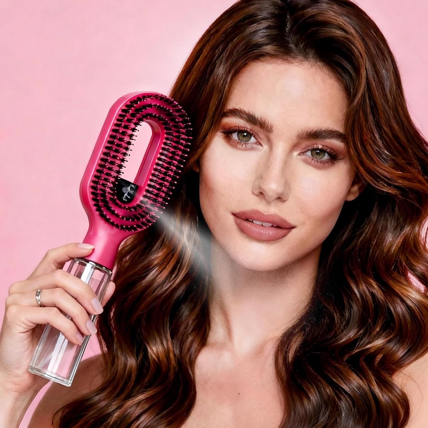 Labhairs 2-in-1 Mist Hair Brush – Hair Brush with Water Spray, Spray Brush for Hair for Detangling, Hydrating & Frizz Control, Wet & Dry Styling Tool for All Hair Types (Hot Pink)