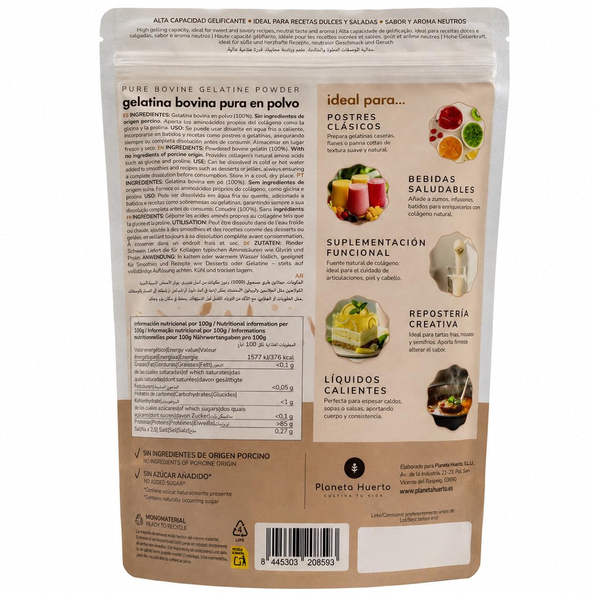 Gelatina bovina neutra in polvere, fonte di collagene, pianeta orto, 1 kg
