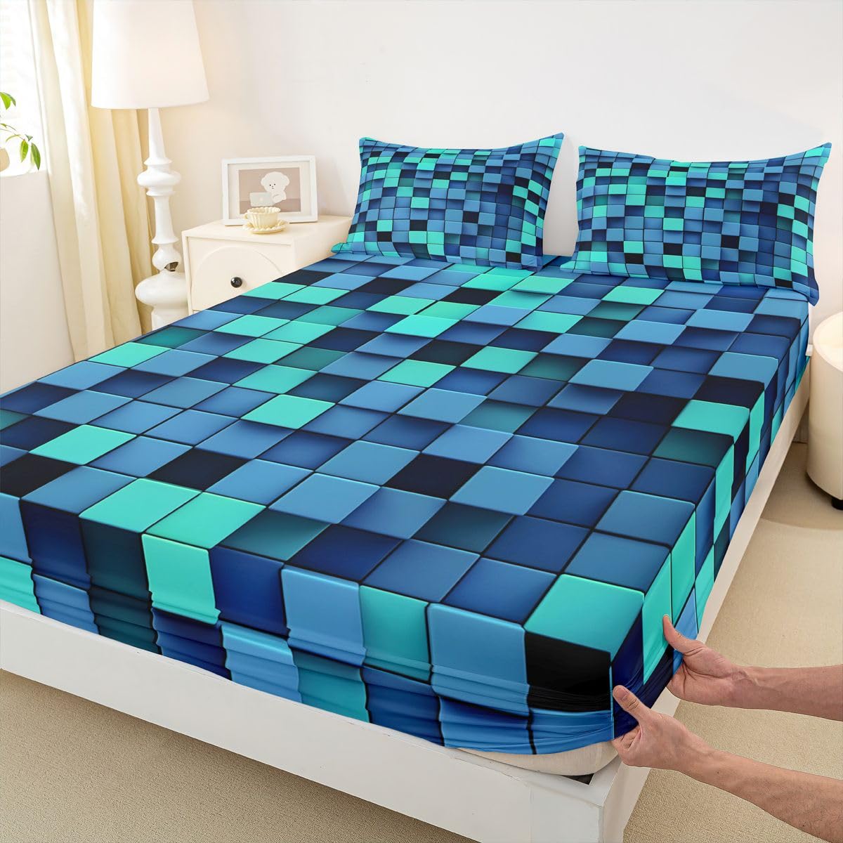 Sábana bajera ajustable de bloques geométricos 3D, tamaño King (no plana), juego de ropa de cama de 3 piezas, decoración de habitación de niñas y niños y mujeres, sábanas modernas de videojuegos de