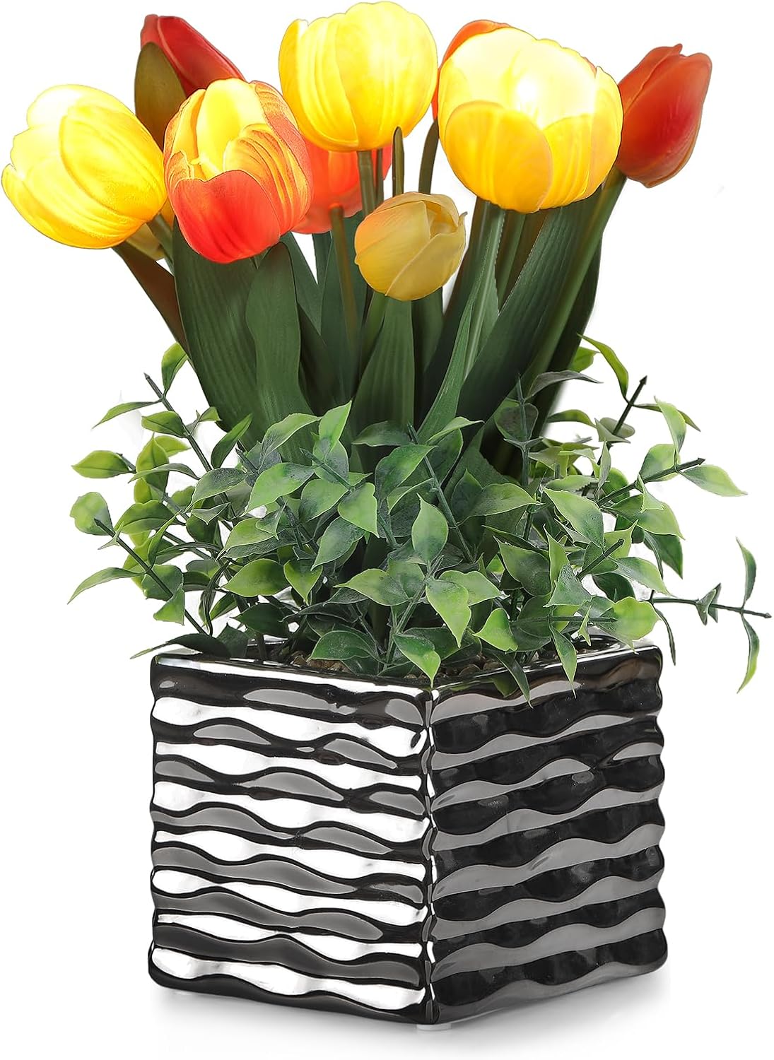 Fake Tulips Flowers in Ceramic Pot, LED Lighted Artificial Tulips Flowers Real Touch PU Faux Flowers, Fauk Tulip Stems for Centerpiece Table Home Decor Tabletop Decor Spring Decor