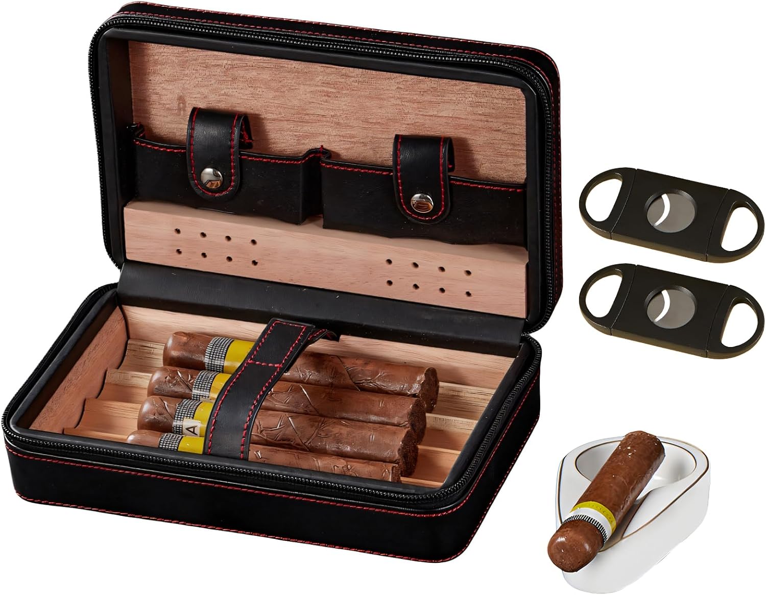 Estuche para puros, humidificador de viaje, paquete de 4 fundas de cuero de cedro negro con cortador de puros, humidificador, cenicero y toalla para