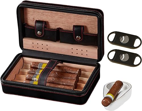 Cigar Case,Travel Humidor,4 Pack Black Cedar Wood Leather Case with Cigar