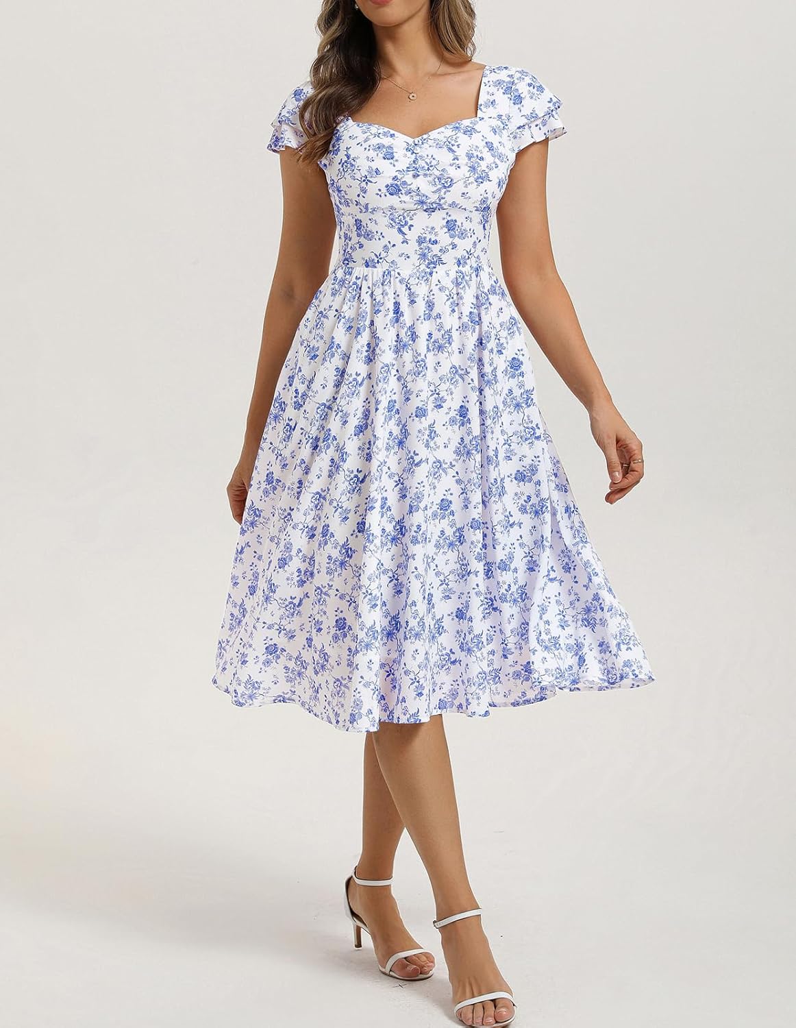 Belle Poque Women's Sweatheart Neck Ruffle Cap Sleeve Floral Dress 2026 Summer Ruched Midi Elegant Cocktail Party Dress - Image 7