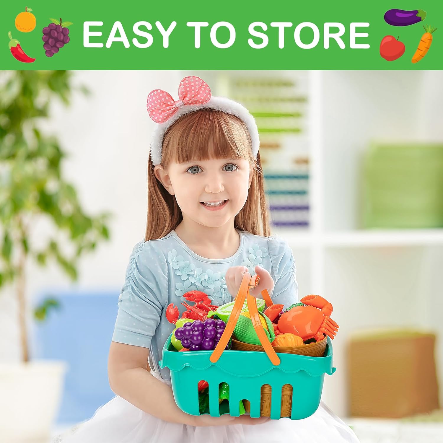 Play Food Set for Kids Kitchen- 68 Pcs Kitchen Food Toy for Toddlers, Cutting & Color Sorting Fake Food/ Fruit/ Vegetable Accessories, Birthday Gifts for 3 4 5 Years Old Boys Girls