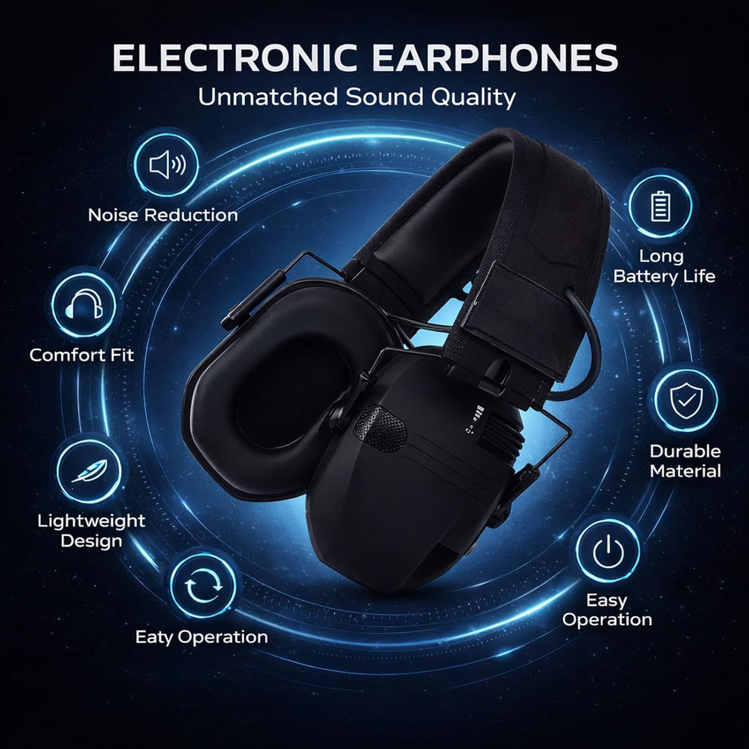 Noise Reduction Electronic Earphones, Foldable ABS Ear Muffs with Adjustable Headband, Compact Design - Amplifies Safe 82dB Sounds, Comfortable Hearing Protection for Mowing and (Black)