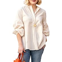 Watashi Women Henley Shirt Lantern Sleeve Tunic Top Casual Blouse