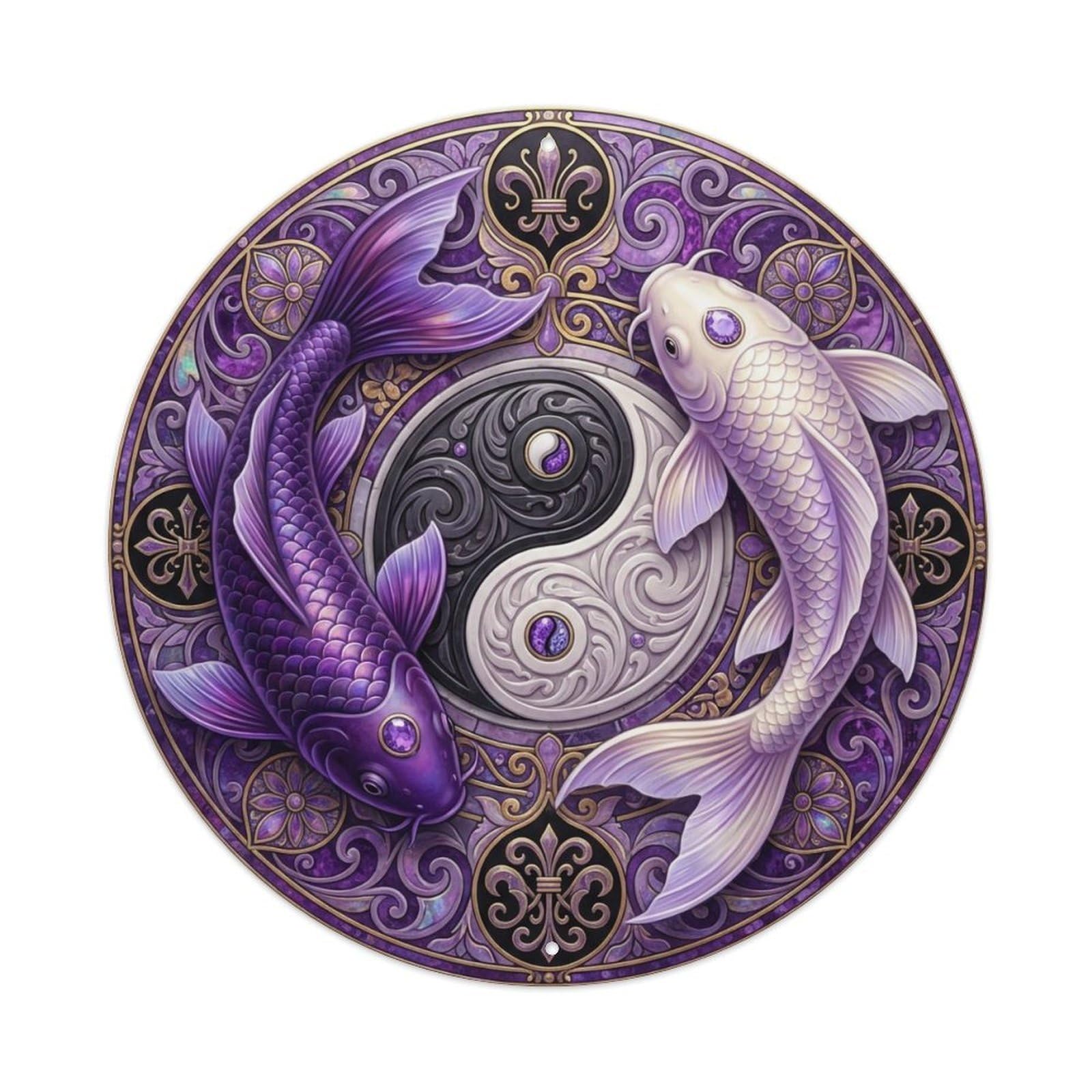 Tai Chi Koi Fish Sugilite Purple Stone Deep Rich Royal Metal Tin Sign