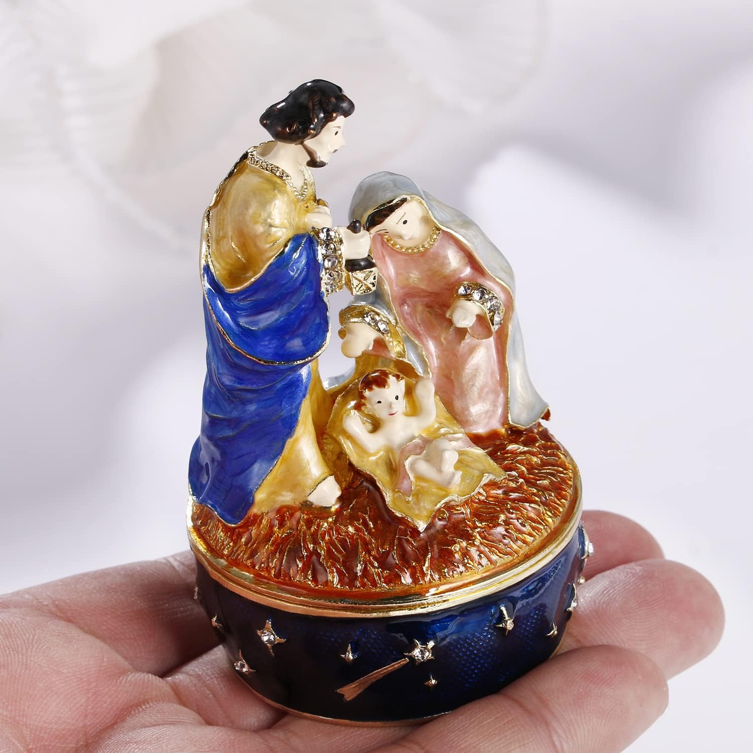 Hand Painted Enamel Christmas Holy Family Trinket Box, Hinged Jewelry Organizer Storage, Unique Home Decor Keepsake Collectible Figurine, Personalized Decoration Ornament Gifts (Blue Holy Family)