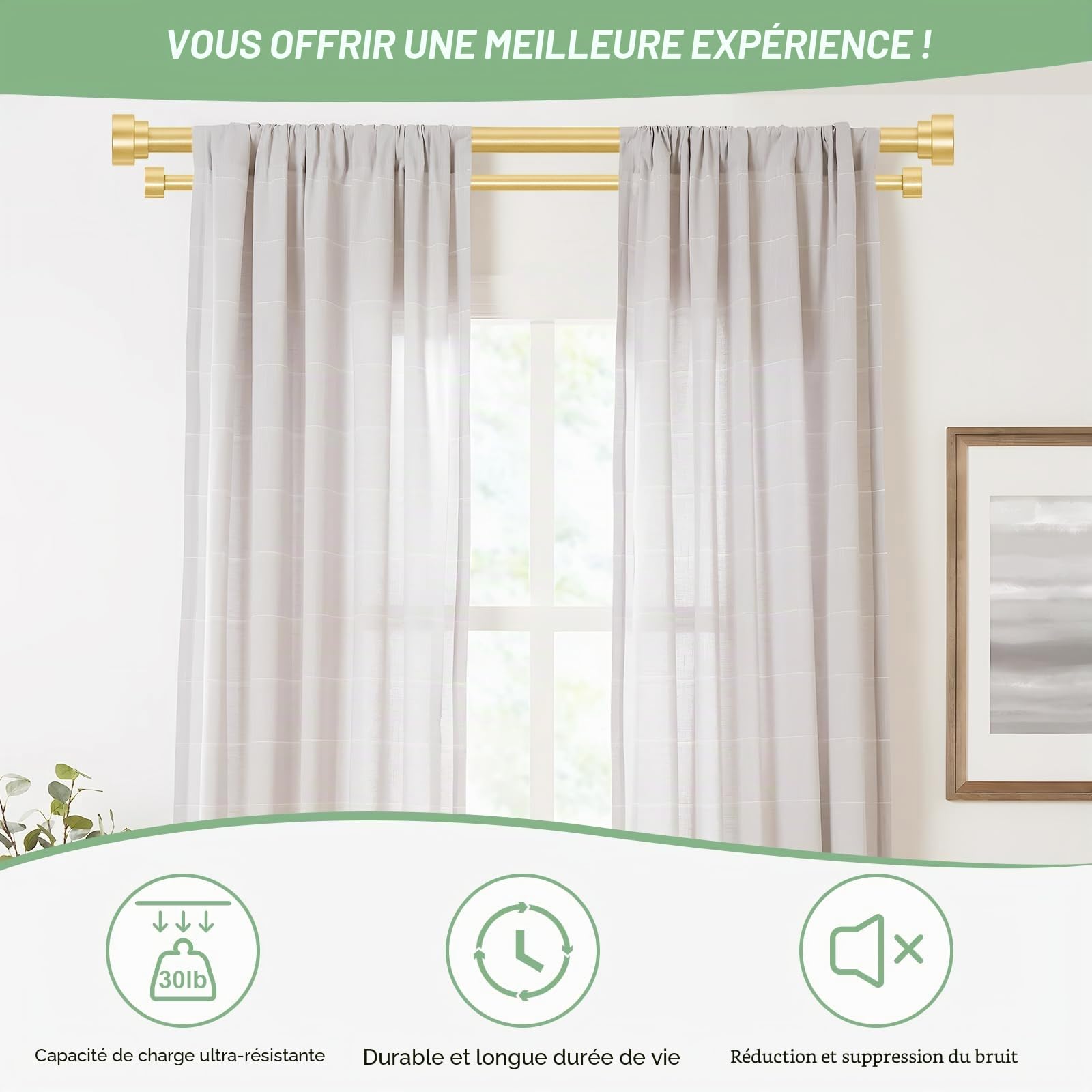 TANGWIN Tringle à rideaux double, double tringle à rideaux dorée pour fenêtres de 167,6 à 304,8 cm, double tringle à rideaux réglable de 2,5 cm, tringle à rideaux double dorée de 167,6 à 304,8 cm