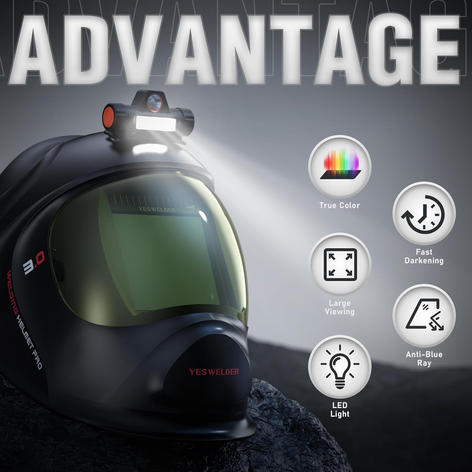 YESWELDER Auto Darkening Welding Helmet with LED Light, Hemispherical lens 1/1/1/1 True Color 3.94"X3.66" Large Viewing 4 Arc Sensor Wide Shade 4/5-9/9-13 for TIG MIG ARC CUT and Grind Welder Mask
