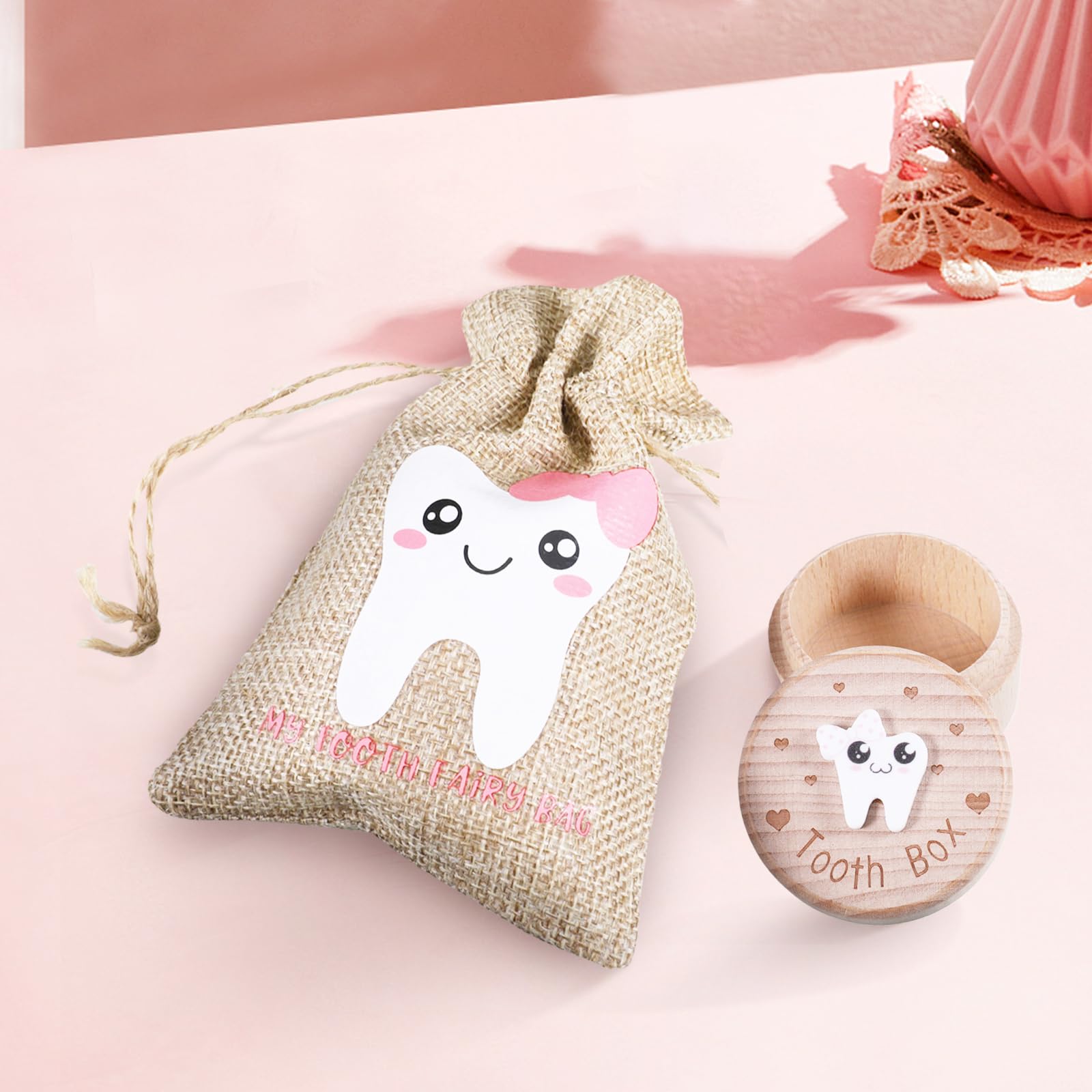 SIWOKJJO Tooth Fairy Box, Tooth Fairy Bag for Girls, Girl Keepsake Organizer, Lost Teeth Holder Box, Tooth Storage Box, Cute Wooden Tooth Fairy Keepsake - Image 4