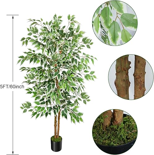 Miniatura 2 de GTIDEA Árbol de ficus artificial de 5 pies, árbol falso alto con tronco natural, árboles de imitación de seda para interiores, árboles artificiales