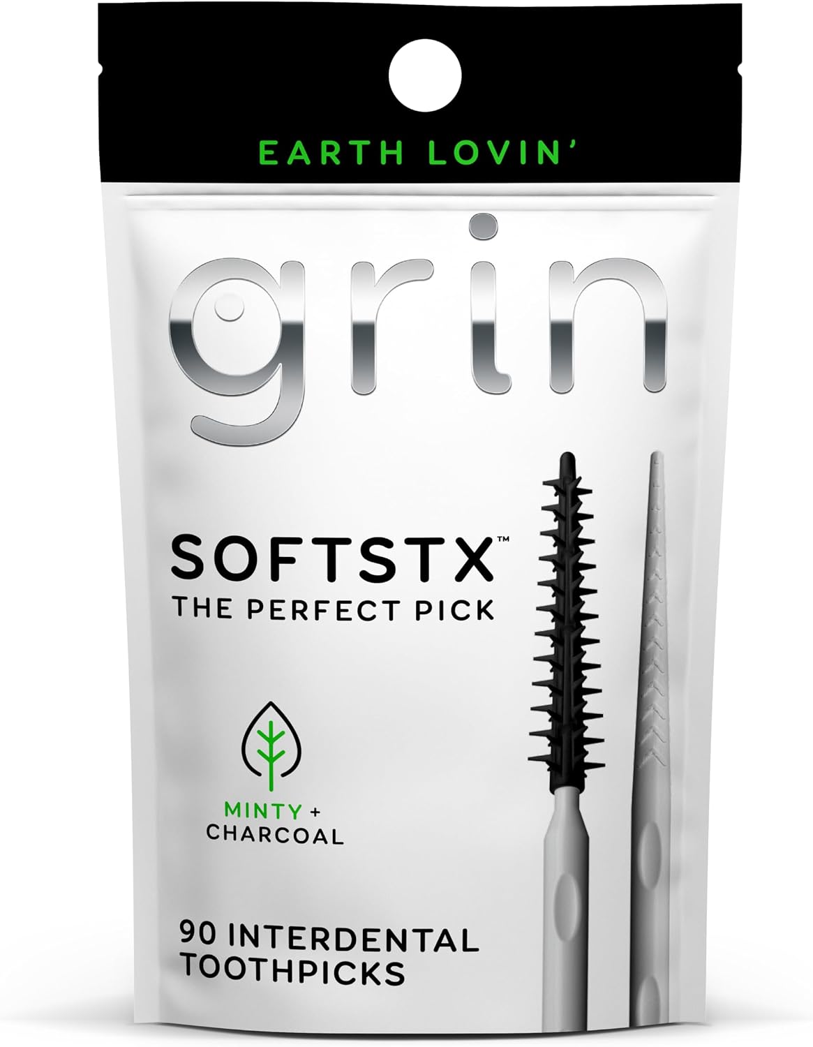 Grin Charcoal Infused Softstx, Gentle Dental Picks, 90 Count, Soft Flexible Bristles, Textured Plaque Removing Toothpick, Minty Flavor, for Between Teeth, Refillable Hygienic Case