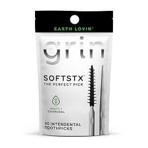 Grin Charcoal Infused Softstx Gentle Dental Picks 90 Count Soft Flexible Bristles Textured Plaque Removing Toothpick Minty Flavor
