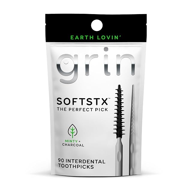 Grin Charcoal Infused Softstx Gentle Dental Picks 90 Count Soft Flexible Bristles Textured Plaque Removing Toothpick Minty Flavor