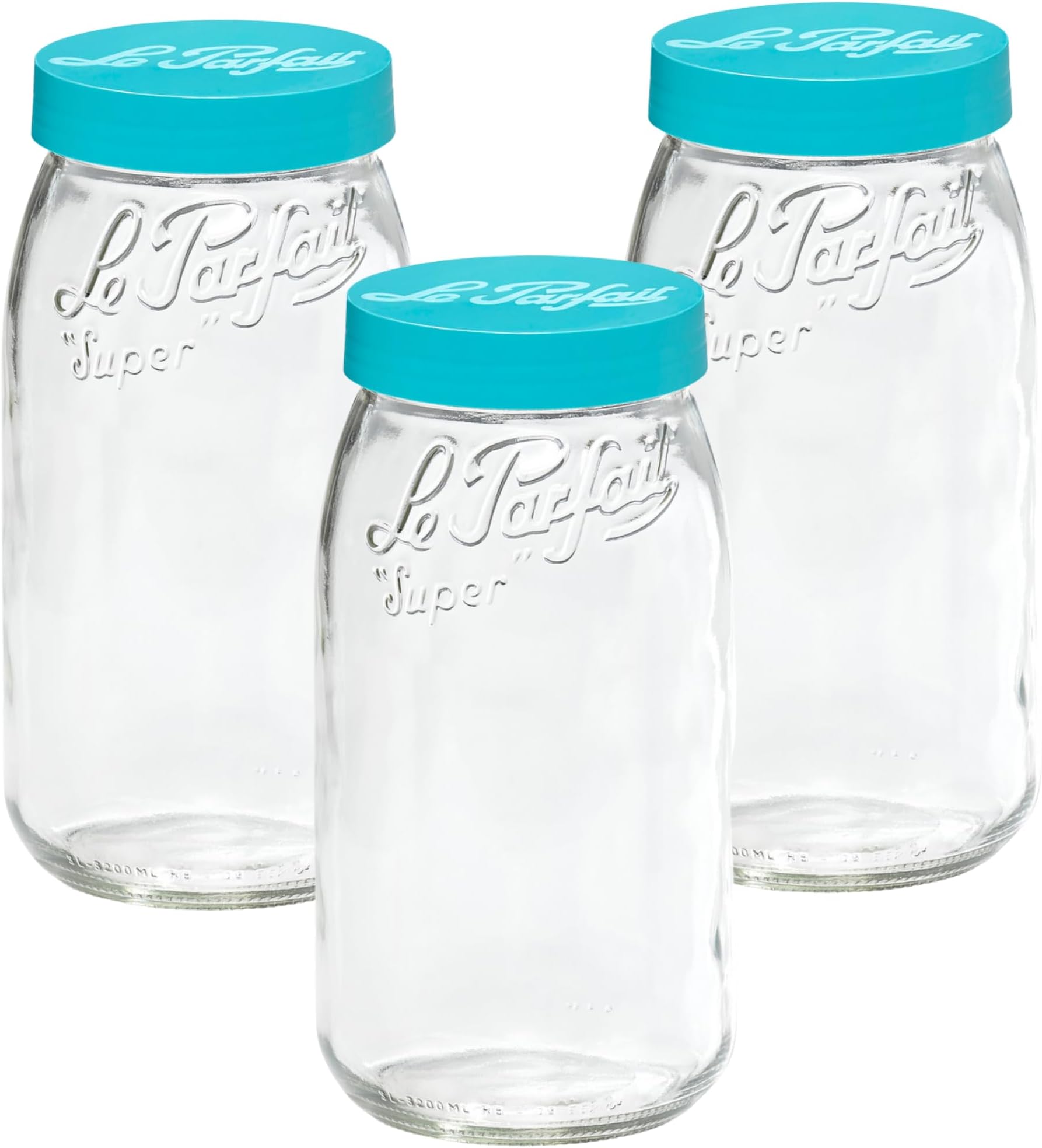 - Le Parfait Screw Top Jar Wide Mouth French Glass Jar | Ideal for Food and Soup Storage, Canning, Flour, Brown Sugar, and other Baking Supplies (3L/96oz, Pack of 3, Teal)