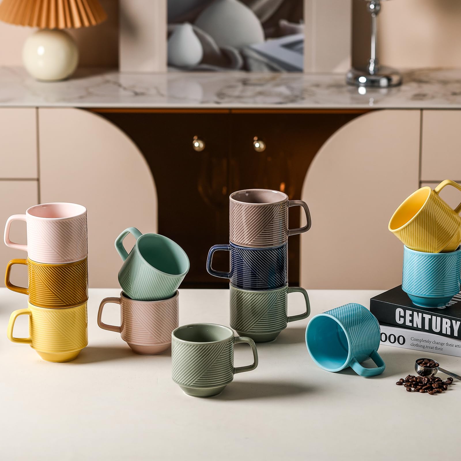 Adewnest Stackable Coffee Mugs with Rack : 13 oz Stacking Ceramic Coffee Cups with Stand - Porcelain Stacked Tea Mugs Set of 4 (Grey)