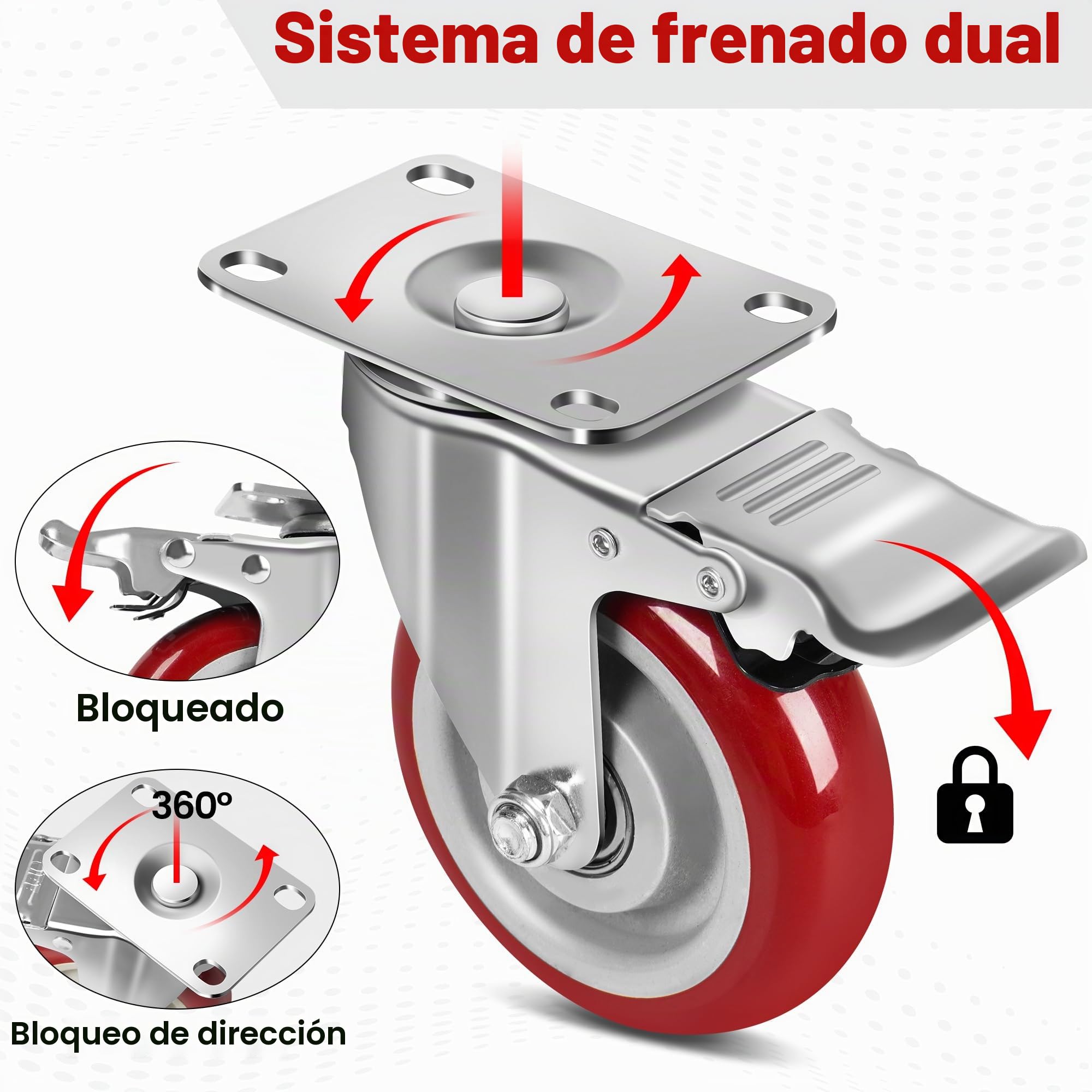 Juego 4 Ruedas Para Muebles Pesados, Ruedas Giratorias con Freno - 100 mm - 600 kg - Goma maciza silenciosa - Interior/exterior